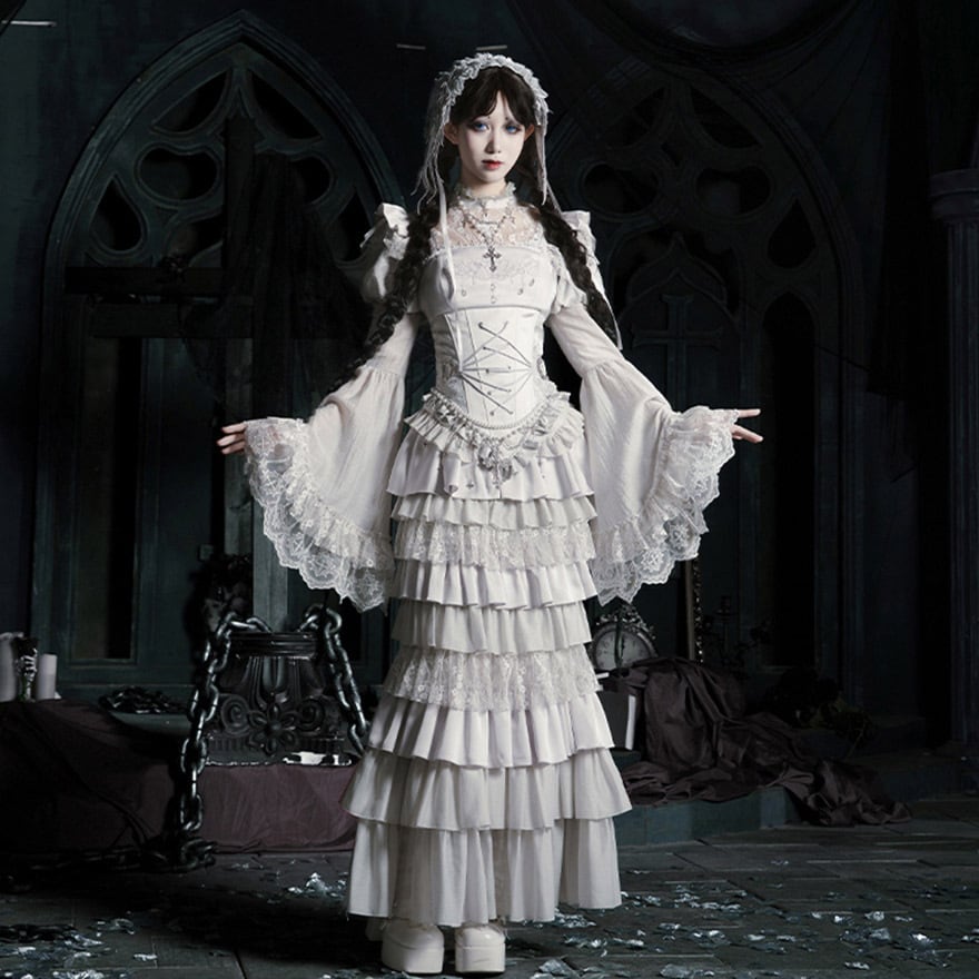 サブカル系ゴシック 5点 セット ホワイトコルセット マーメイドスカート ヘッドドレス チェーン ロリィタ PUJI