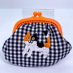 【Panda factory】刺繍のがま口ギンガム三毛猫オレンジ