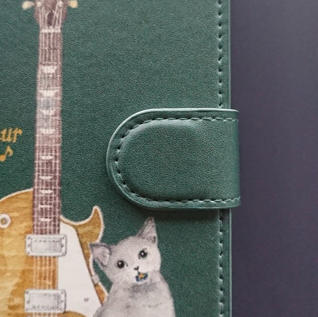 かっこいいギターと猫の手帳型スマホケース カラーバリエーション6 ほぼ全機種対応 アルペジオ Xperia Galaxy Iphone Atomic オリジナルイラストで製作 スマホケース エコバッグ レターセットetc