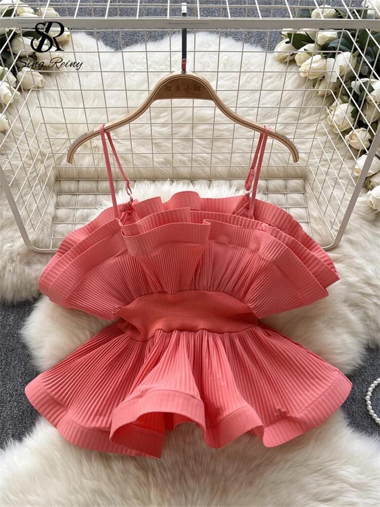 Sing補強-ladi' プリーツミニトップ、サマーストラップ、ショートバックレス、ソリッドフリル、休暇ファッション、韓国スタイル、ホットスウィートビーチキャミス_373