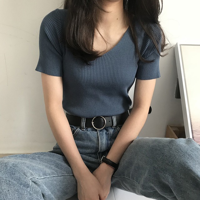 ニットTシャツ シャツ レディーススプリングVネックスリムトップス レッド 春物 スーパーモール4341838453