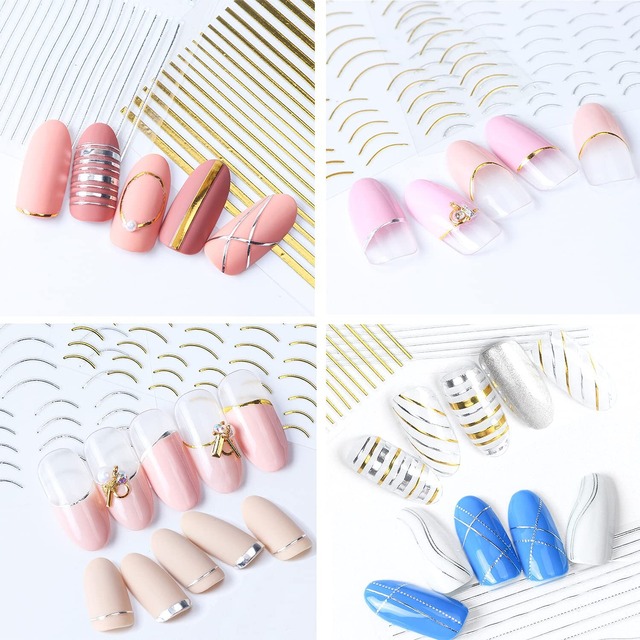 【新春セール】LANODO 8枚 ネイルシール 極細ライン、フレンチシール ゴールド ネイルシール シルバー ネイルシール ライン カーブ ネイルアート 綺麗です ネイルステッカー DIY