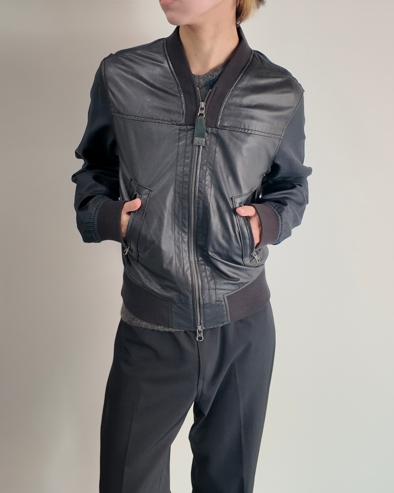 【ARMANI Jeans】leather coating linen switching blouson