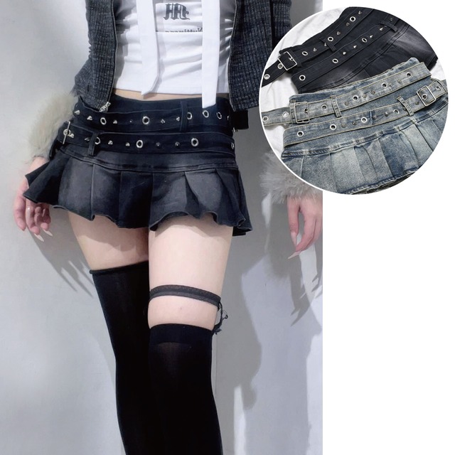 【10/20新着】2スタッズベルト★デニムプリーツミニスカート