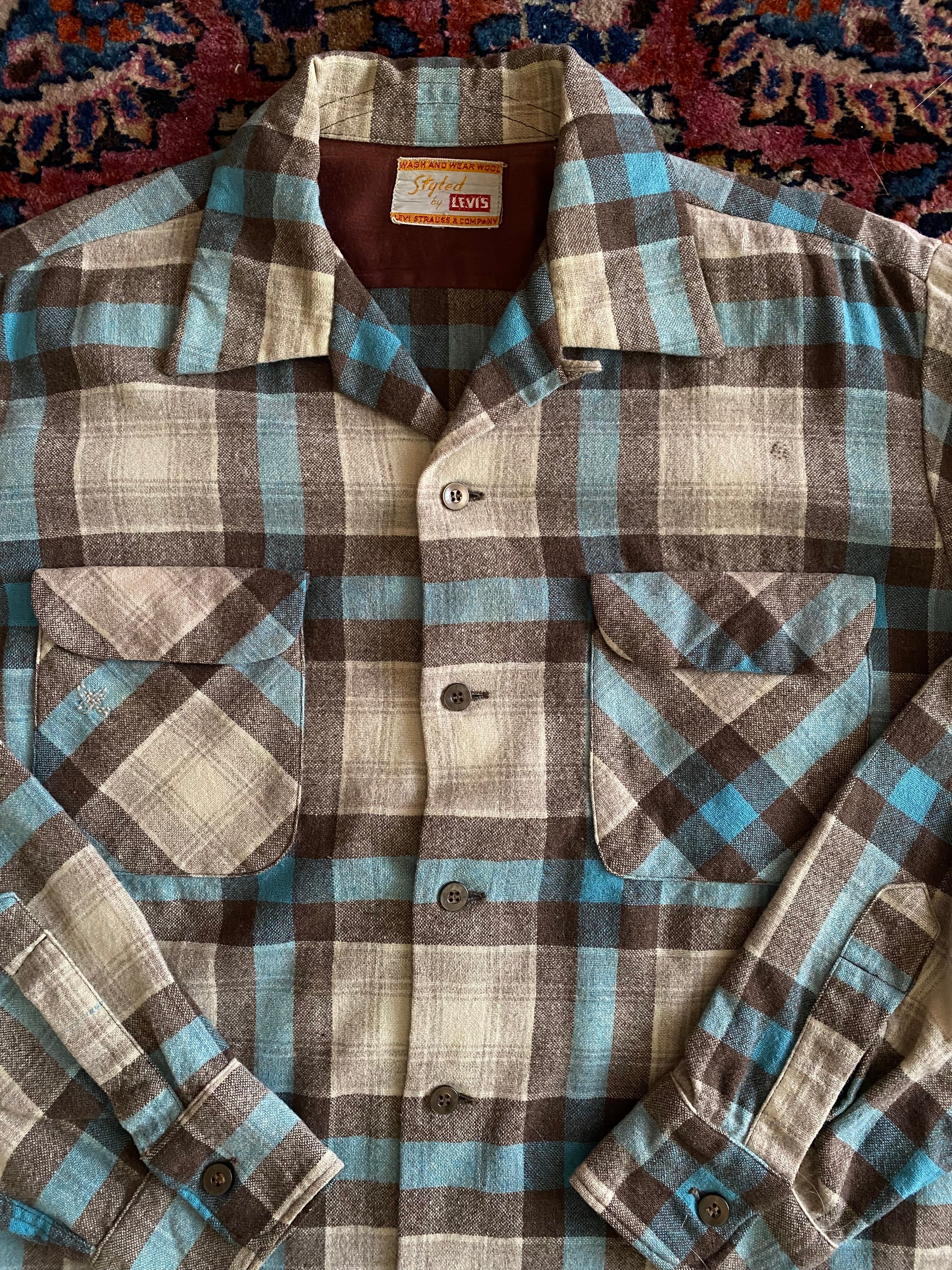 50s PENDLETON Wool Board Shirt “ Shadow Plaid ” / vintage