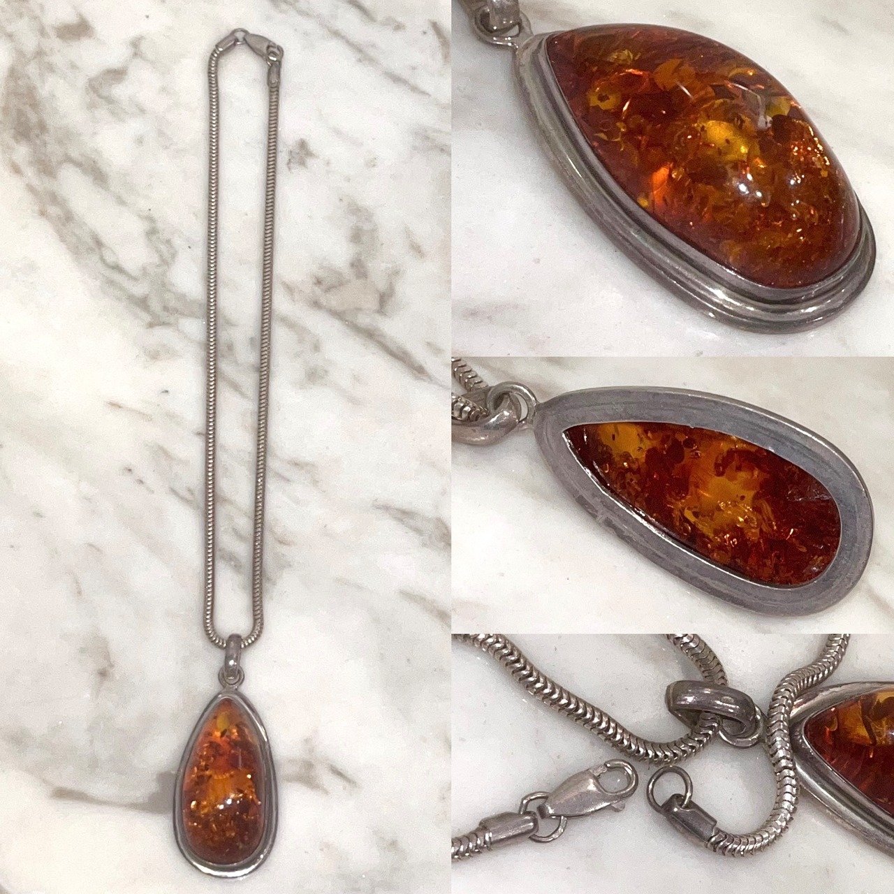 vintage silver big amber pendant necklace