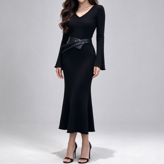V neck elegant strap slim long knit dress ( 3color )