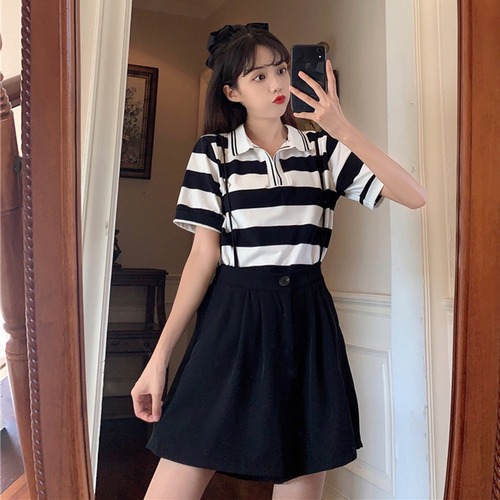 ✞ 半袖スリーブカラーストライプTシャツ ♥カワイイ♥ワイドレッグショートパンツ ✞ゴスロリ SM ミリ 甘ロリ クラロリ 和ロリ エレガント 黒ロリ 姫ロリ 華ロリ BB-BB0091385