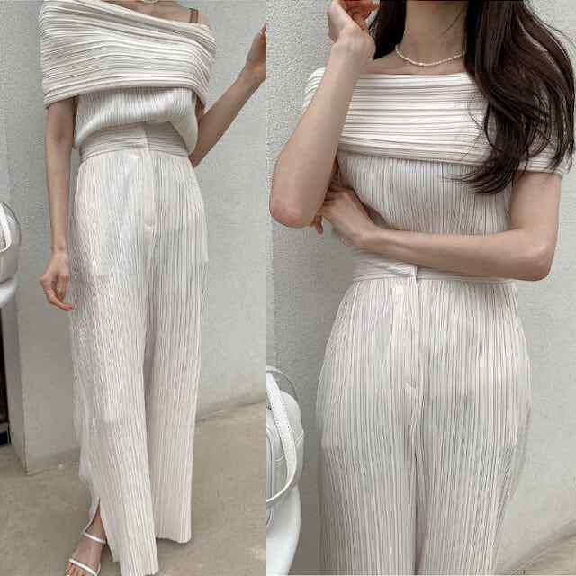 セットアップ レディース プリーツ オフショルダー スリットパンツ 2点セット 全2色 アイボリー/ブラック S/M