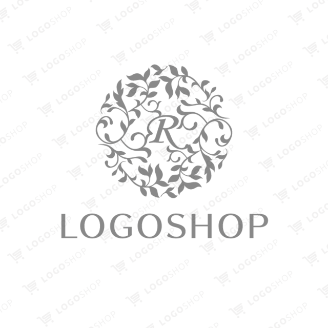 たくさんの葉っぱに囲まれたr アルファベット R 円 楕円 丸 花 植物 飾り きれい 女性的 高級感 ゴージャス エレガント おしゃれ 美容 サロン クリニック 健康 医療 医院 病院 歯科 介護福祉 ショップ 店舗 ロゴ作成 購入 販売 デザインで