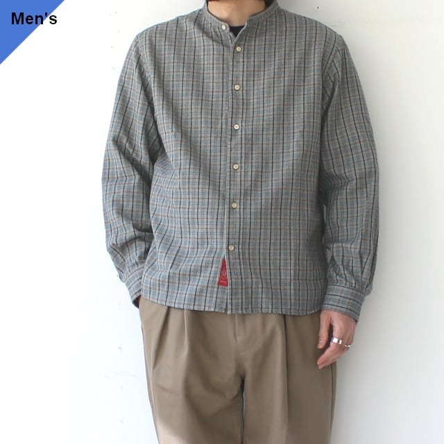 PREQUEL ネルチェックバンドカラーシャツ Check Stand-up Collar Shirt (Gray)
