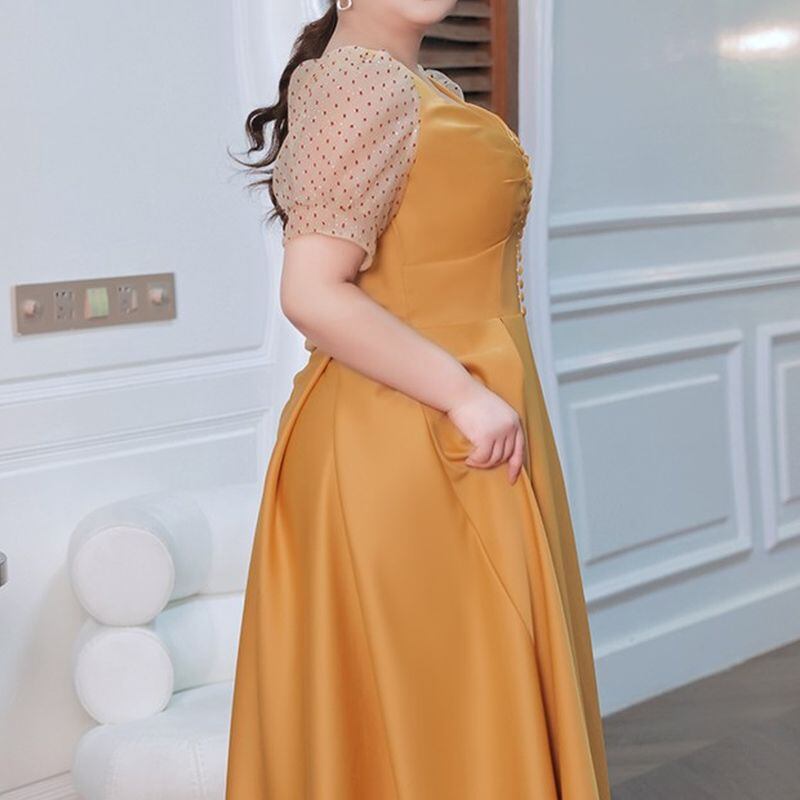 3XL〜7XL】ドットパフスリーブロングドレス D1617 | 演奏会・ステージ