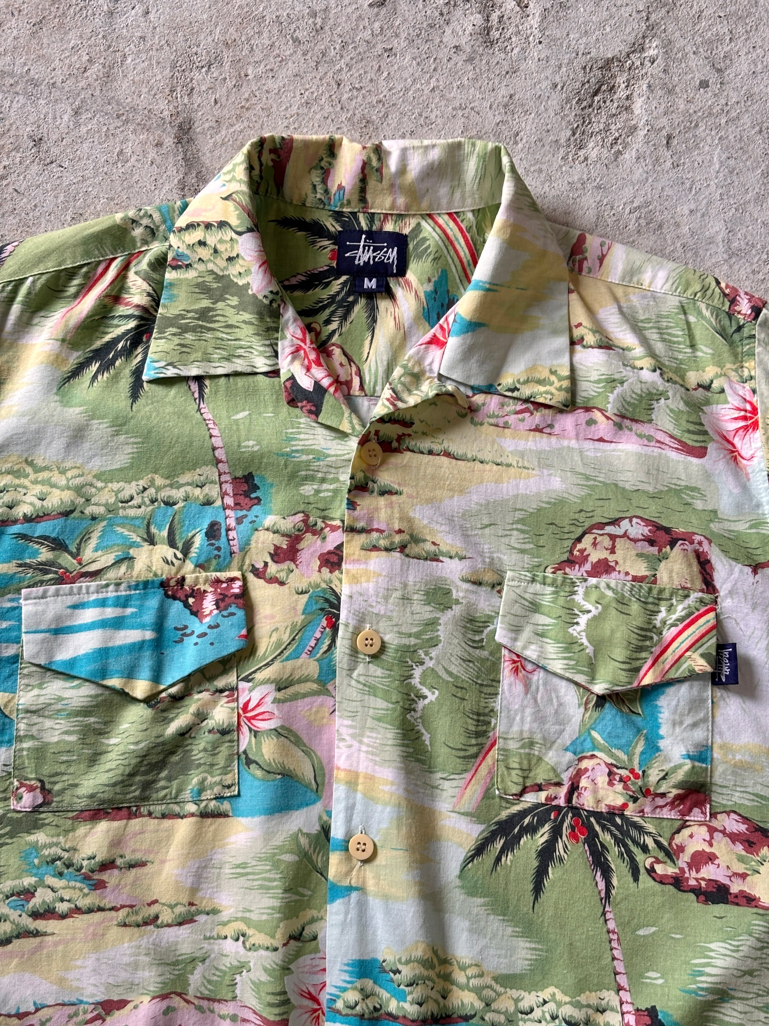 90～00s OLD STUSSY/ALOHA Shirt/紺タグ/M(L相当)/アロハシャツ/開襟