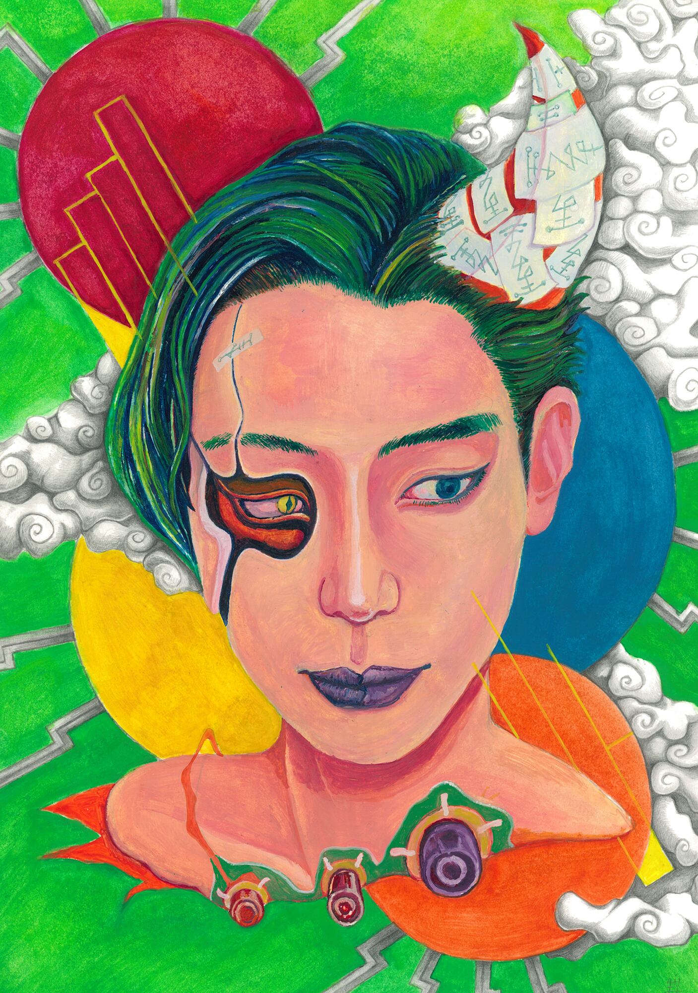 水彩画　自作画　真作　イラスト 春枝垂』 P20 H727×W530mm 水彩紙、水彩、ペン #マツダケン