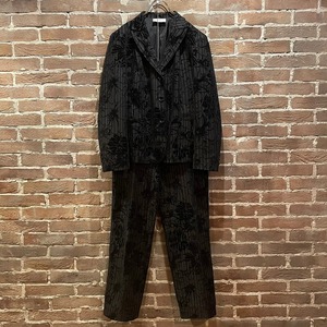 【Caka act3】Shining Black Flower Flocky Print Stripe Set Up