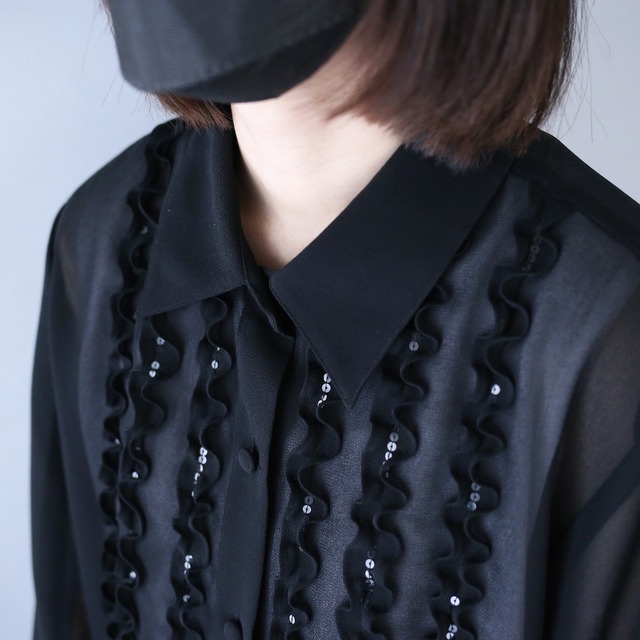 black one-tone sequin decoration design see-through ruffle shirt