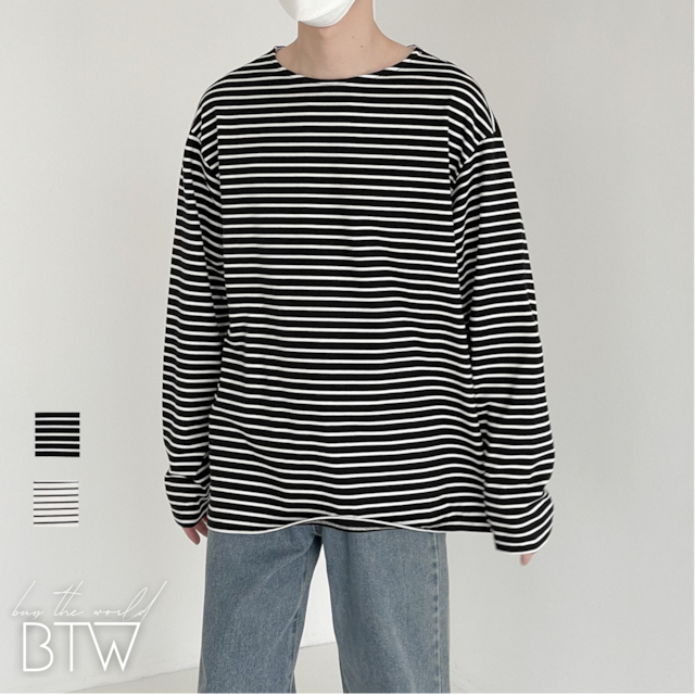 【韓国メンズファッション】BW793 メンズ ストライプ 長袖 Tシャツ ワイルド ルーズ カジュアル