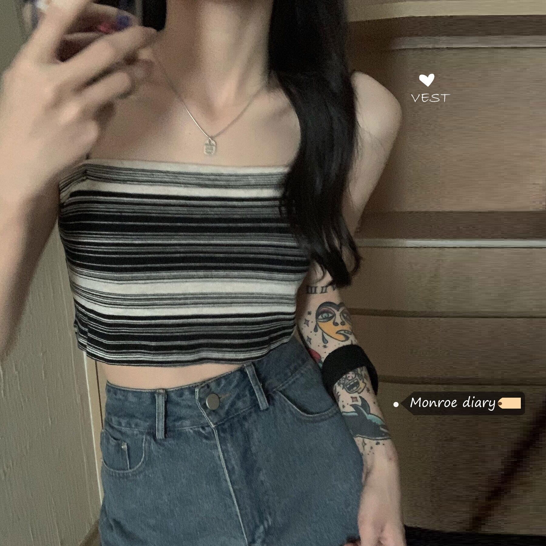 ストライプショートトップス バックサマー 夏物 モンロー27064509378