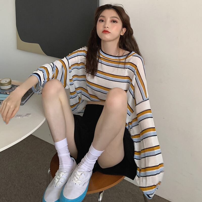 カラーストライプセーター スプリングオータムスタイルルーズショートシャツ カジュアルトップス ロング 春物 秋物 萌量不足31289322176