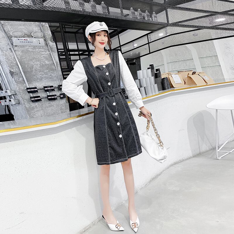 プラスサイズのレディースドレスファットシスター2020年秋新作スタイルは薄い気質のスクエアネックウエストデニムスカートトレンド ミックスインファッション6715890730