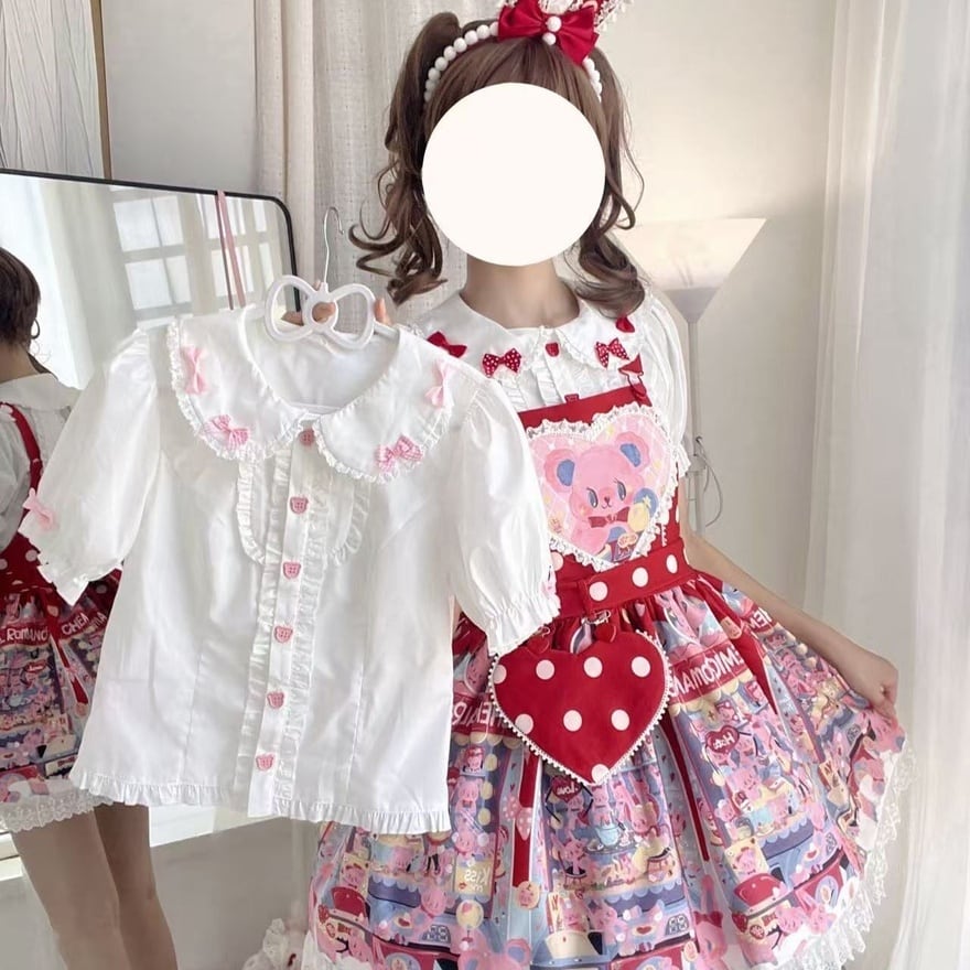 甘ロリ うさ耳丸襟半袖ブラウス リボン春夏お茶会コーデ