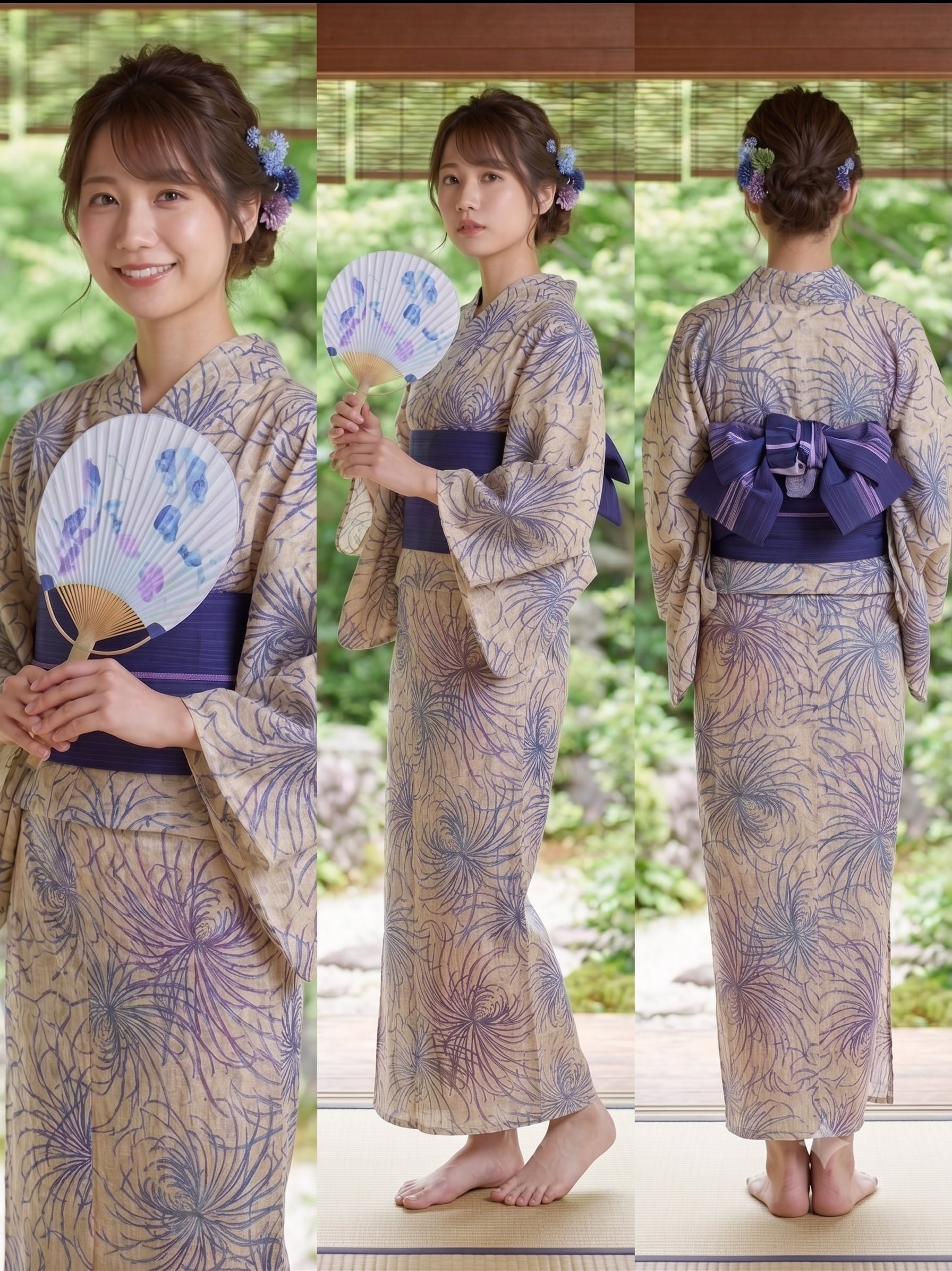 涼風 高級 綿麻 浴衣 単品｜生成り・ベージュ地に伝統の線菊柄｜綿80