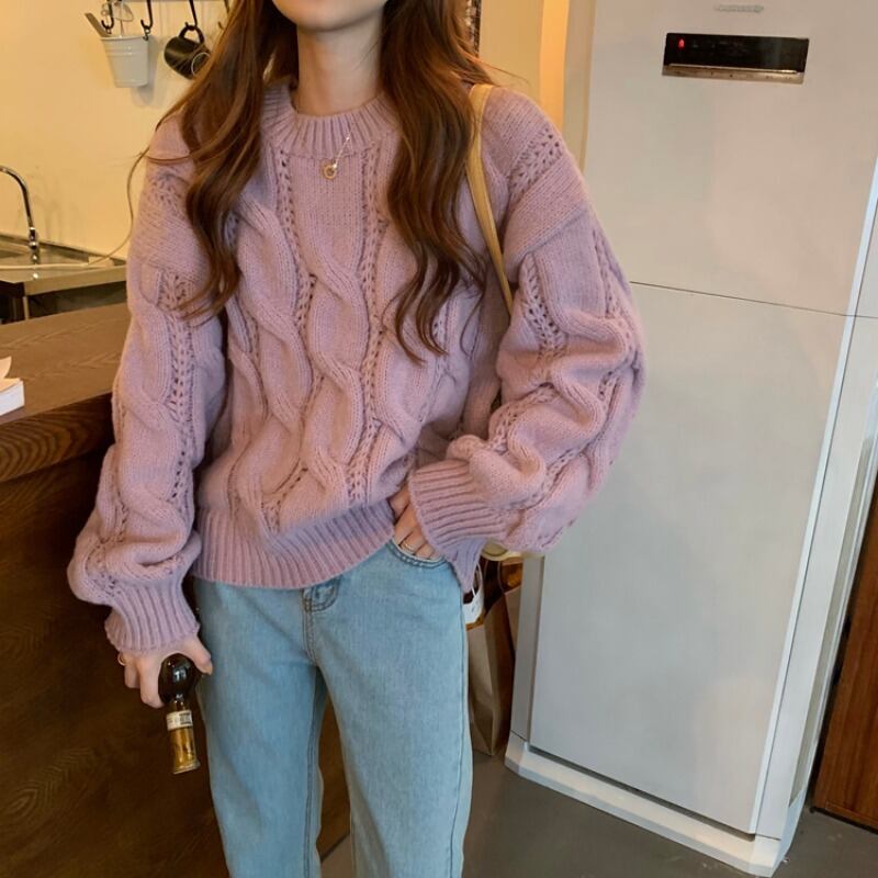 ニットセーター レディースパターンラウンドネックプルオーバー ルーズトップス オータム 秋物 ウィンター 冬物 Oネック パープル クレセントシティ95078924599