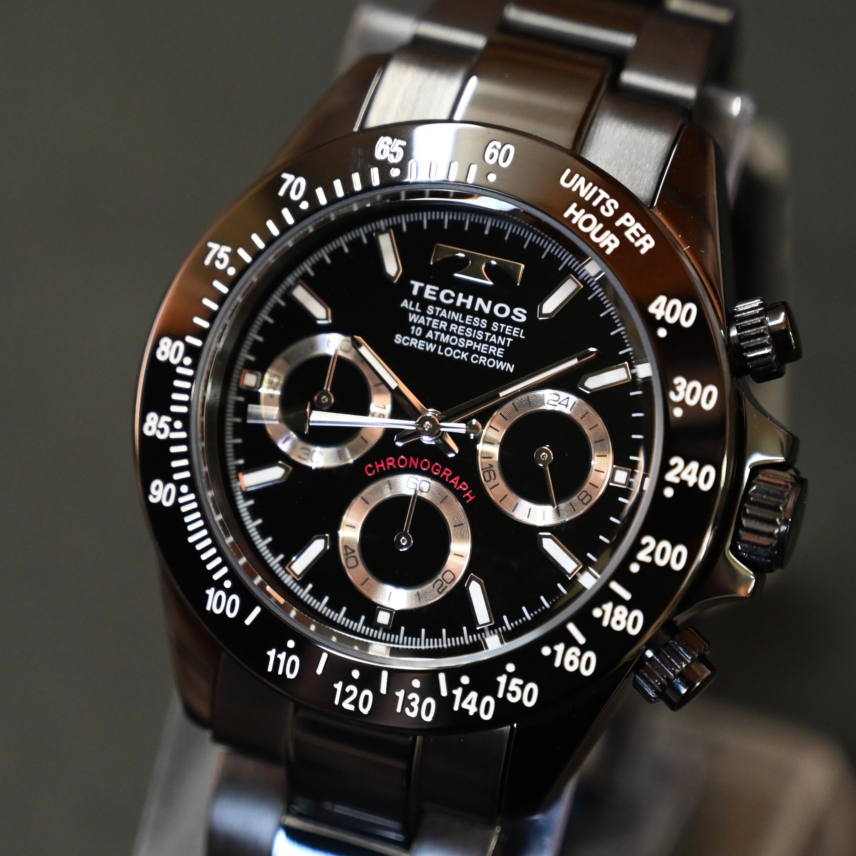 Technos テクノス 限定品 オールブラック T4685bb メンズ腕時計 クロノグラフ 10気圧防水 メーカー保証付き 栗田時計 店 1966年創業の正規販売店