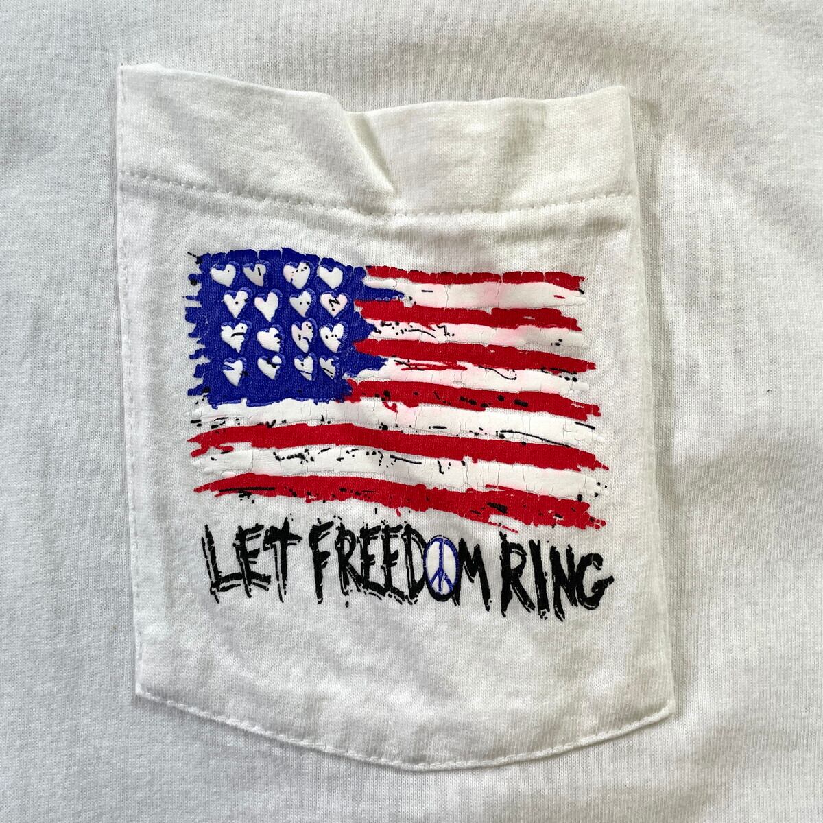 90年代 USA製 LET FREEDOM RING プリントTシャツ 胸ポケT メンズM~L