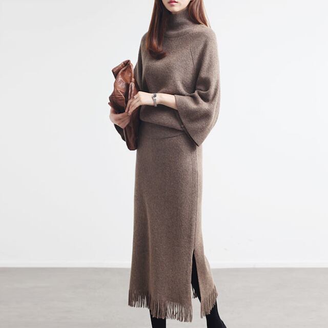 【予約販売】セットアップ レディース スカート 膝下丈 ルーズ フリンジ ゆったり ニット 無地 ベージュ ブラック ドルマンスリーブ 秋 冬 通勤 ベージュ/ブラック/グリーン/グレー S/M/L/XL