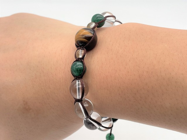 編みブレスレット（虎目・ルチルクォーツ・インドアベンチュリン・水晶）