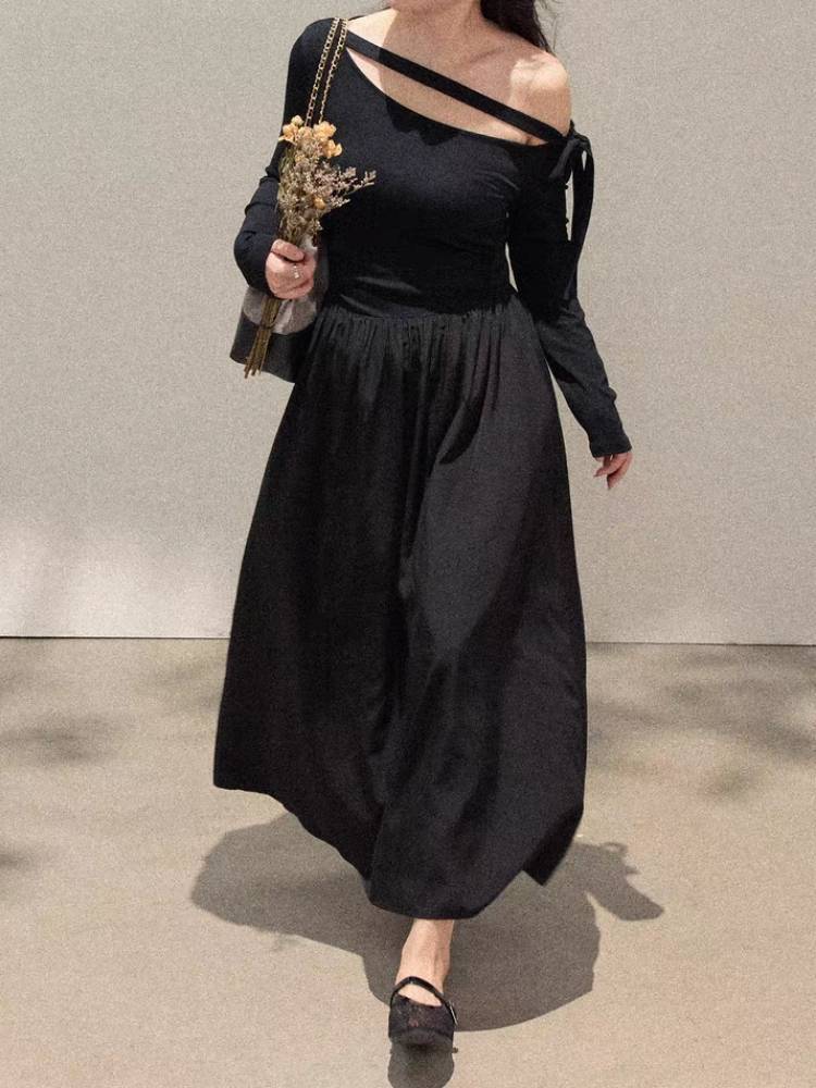 さりげない肌見せで惹きつける ワンショルダーワンピース 可愛い オフショルダー アシンメトリー リボンデザイン デート お呼ばれ 大きいサイズ 韓国 CH11553