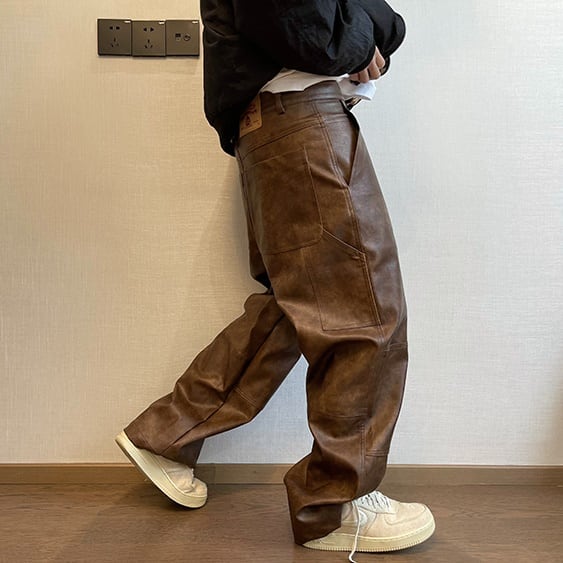 予約販売】パンツ ボトムス メンズ レザー 革パンツ ルーズ カジュアル