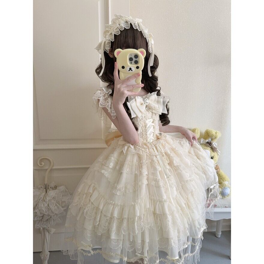 ロリータファッション 夢色レースのリボン姫甘ロリロングワンピース