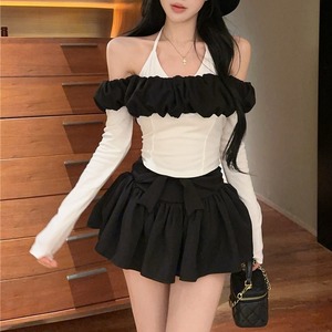 halter-neck frill bi-color slim tops m1154