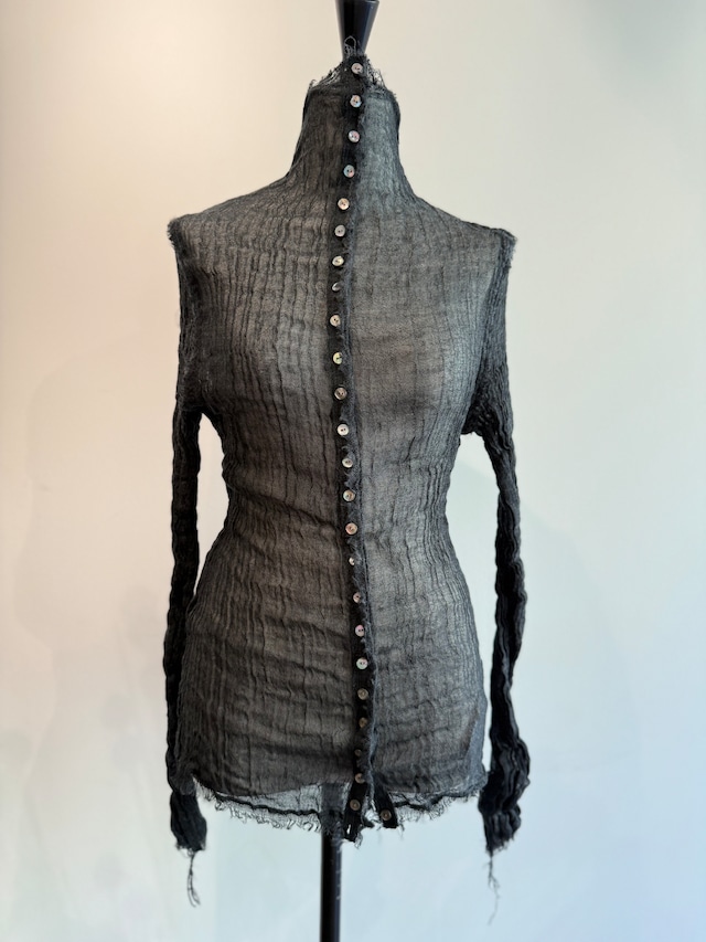 ERiKOKATORi/EK11-1-4 wool linen gauze highneck top Black