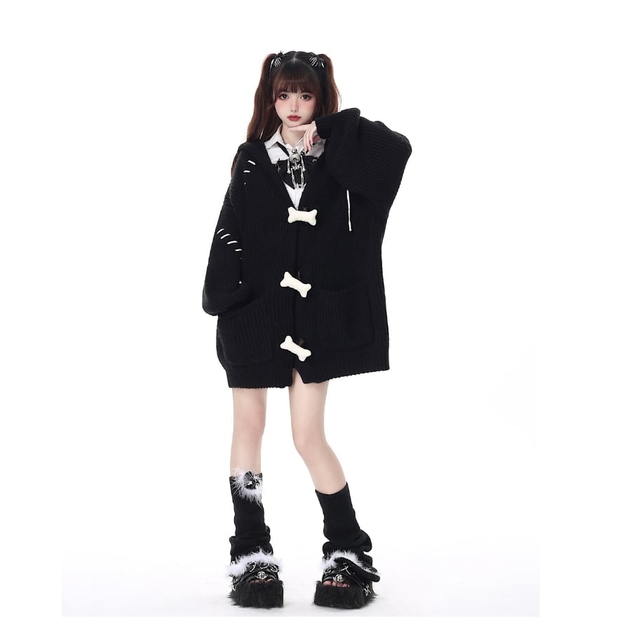 ロリータ CRAZYGIRL カーディガン フード付き ツギハギ 骨ボタン