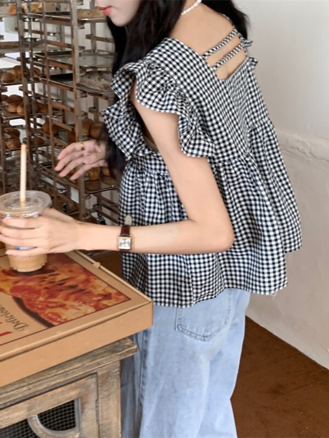 フレンチスリーブチェックブラウス D1324