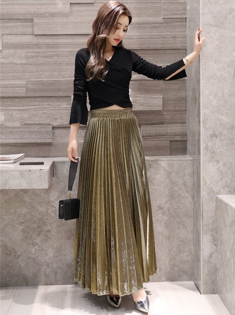 メタリック プリーツスカート レディース スカート ロングスカート ロング丈 グレー イエロー 黒 ブルー レッド 全5色 秋 冬 新作 P65 Kirari きらり