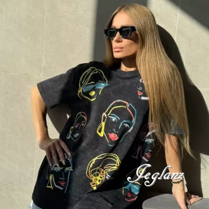 ウオッシュド カラフル グラフィック ブラック Tシャツ ユニセックス (MC720)β