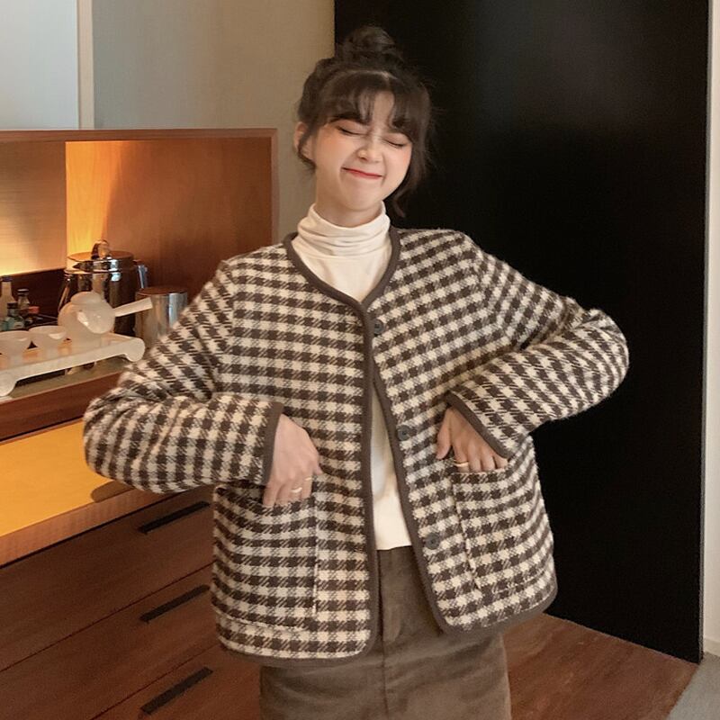 レッドルーズブラウス オータムウィンタースタンダードカジュアル格子柄ジャケット レトロ ストリート 秋物 冬物 試着室99773628778