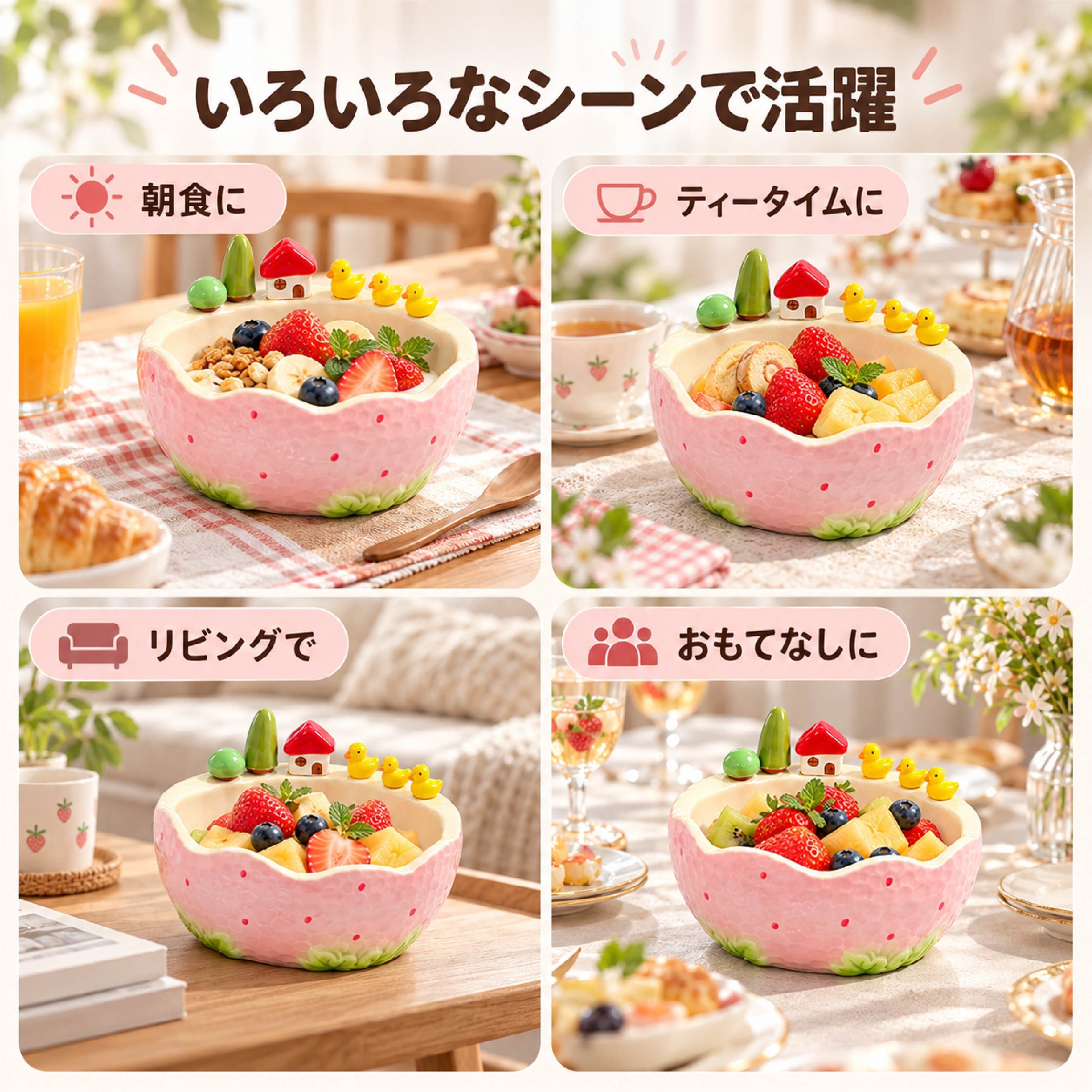 XQ 1252 . フルーツボウル 陶器製 いちご柄 フォーク付き かわいい