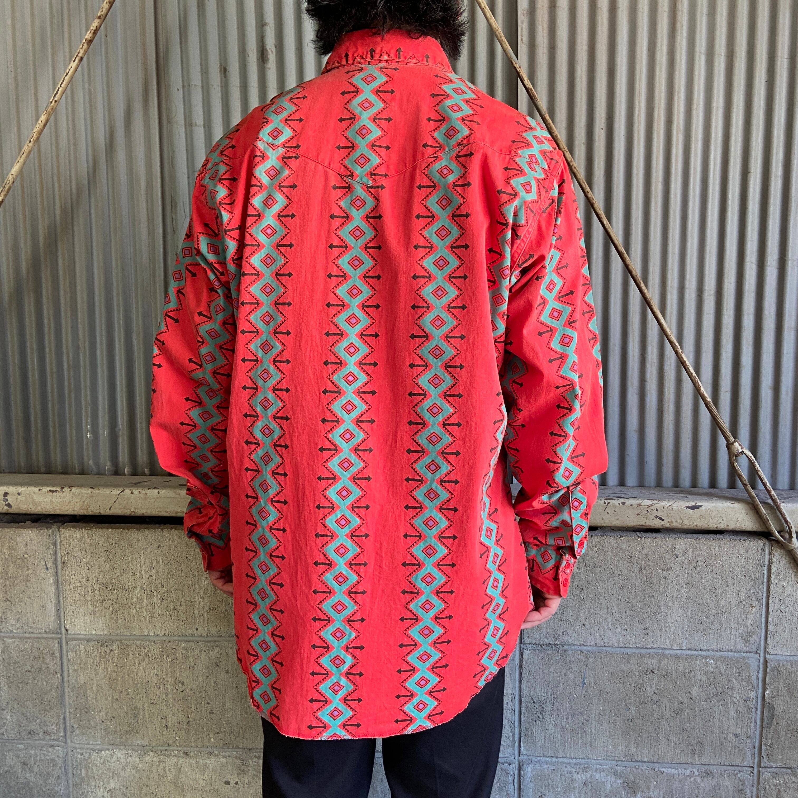90年代 Wrangler ラングラー ネイティブ 総柄 長袖 ウエスタンシャツ