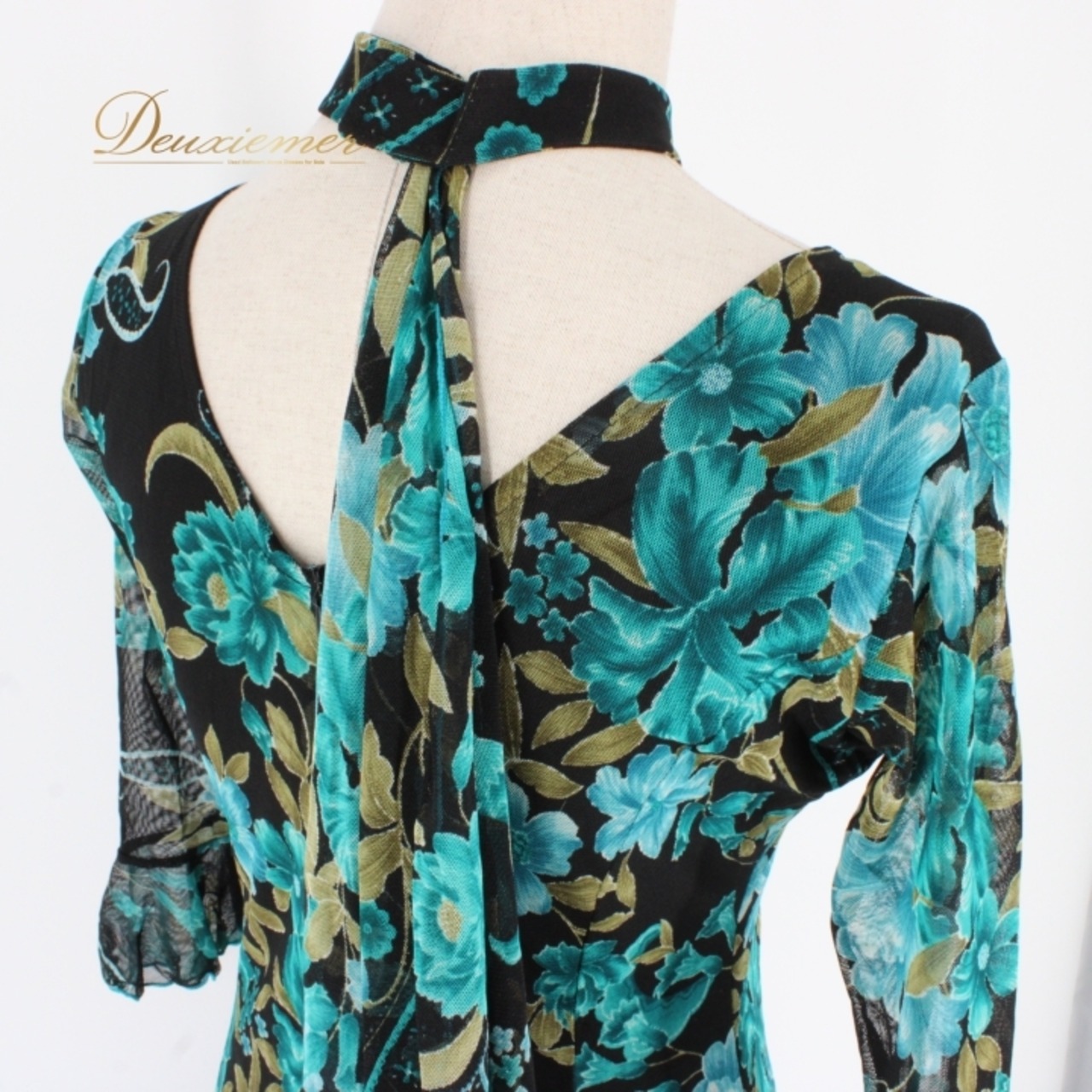 社交ダンス 衣装 スタンダード ドレス ワンピース パーティドレス ブラック系 グリーン系 チョーカー 黒 緑 レース 透け感 シック 準正装 花柄 ファスナー 伸縮性 おしゃれ レディース ダンス衣装 ショートスリーブ フェミニン セクシー 大人用 イベント用 パーティー ドレッシー デザインドレス エレガント