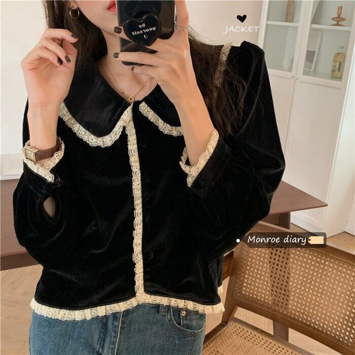 ベルベットブラックシャツ スプリングスタイルスタンダードカラートップス コート ロング レトロ 春物 モンロー56206944554