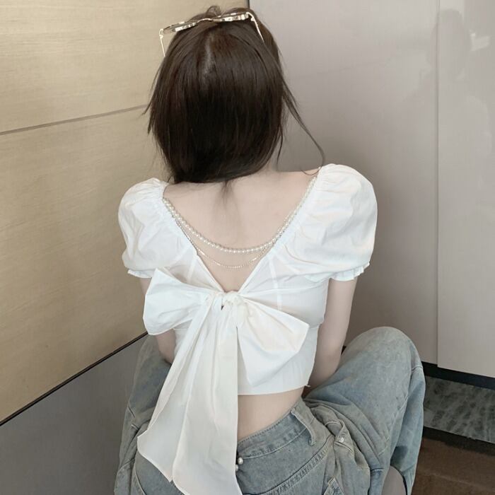 バックパールリボントップス 真珠 ドラファッションホール92955425284