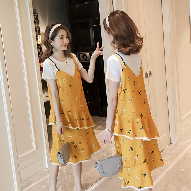 【新作】【送料無料】 2019妊婦授乳服セット半袖授乳Tシャツ+ストラップフリルドレスツーピーススーツ授乳ツインセット ショート ハーフスリーブ ラッフル AL expec393919957646