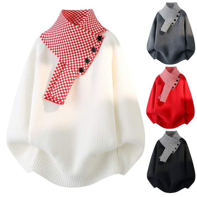 ☼チェック柄マフラーネックニット!【WSシリーズ】★セーター★ ユニセックス 4color ニットトップス メンズ 大きいサイズ Vネック