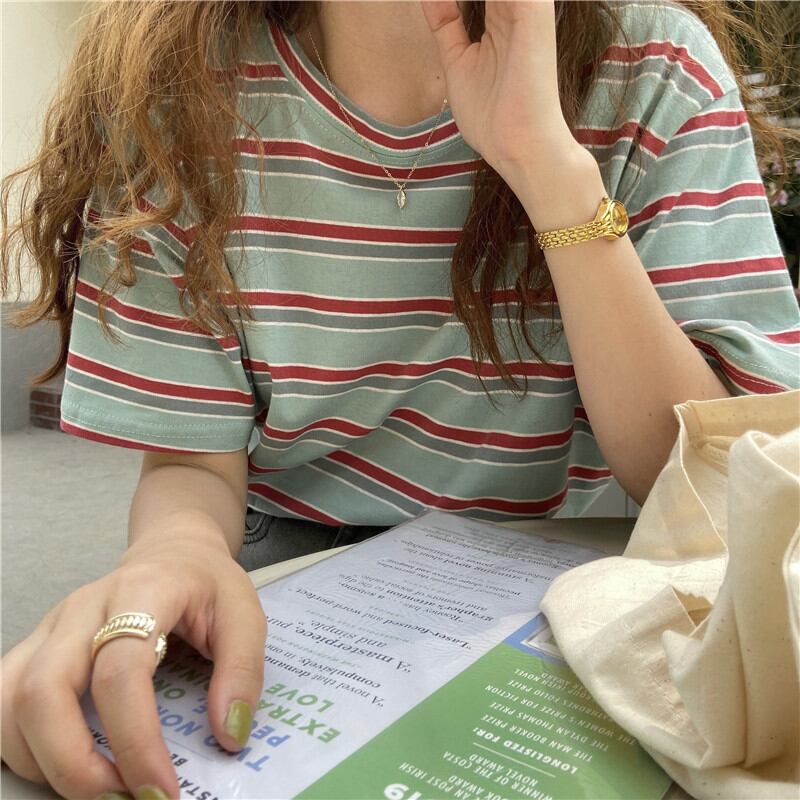 初回送料無料半袖クルーネックストライププルオーバーレディースファション服