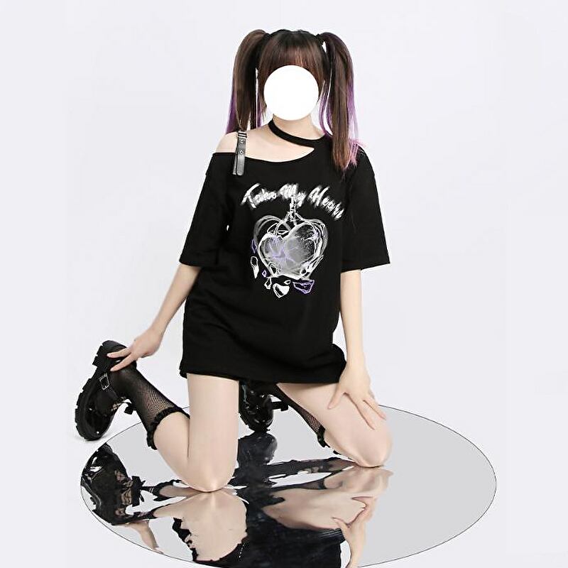 サブカル 服 地雷系 通販 Catwish ロリータ 半袖 Tシャツ ワンショル PUレザー ベルト 異形ネック 英字ロゴ Sweet Cool かわいい